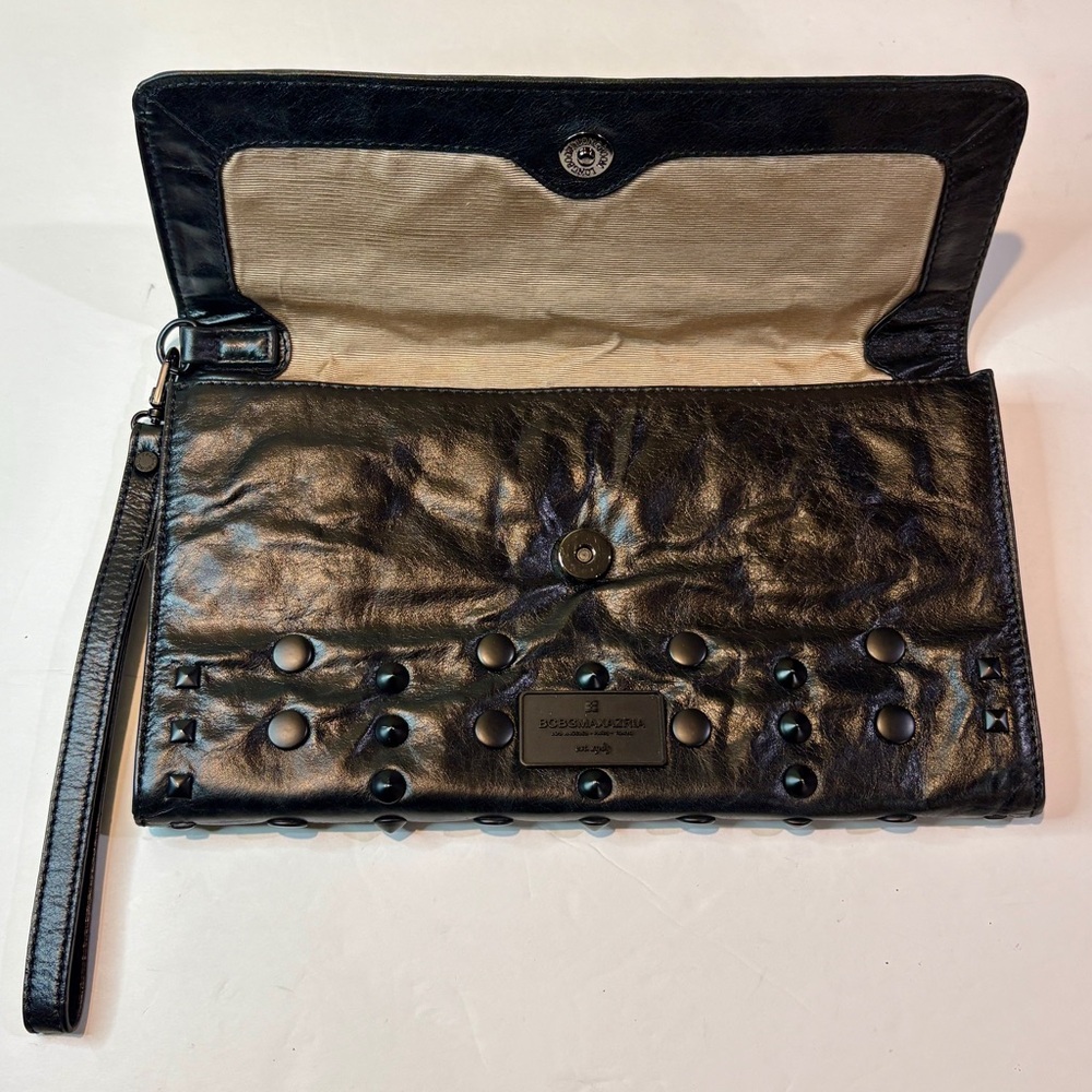 BCBGMaxAzria Black Studded Leather Fold-Over Clutch/Wristlet Rock Chic Bag - Picture 3 of 9